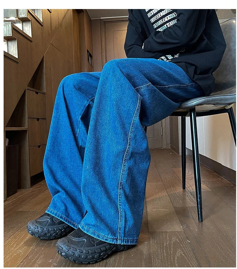 Mens Black Gray Loose Straight Wide Leg Jeans Casual Pantslue