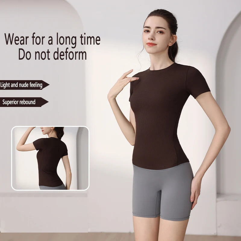 Women’s Slim-Fit Yoga T-Shirt - Short Sleeve Seamless Top for Pilates & Gym