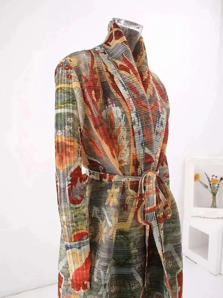 LANMREM Fashion Designer Print Pleated Windbreaker Women Scraf Collar Belt Gathered Waist Contrast Color 2024 New Coat 32C1261 - trendingshoping.com