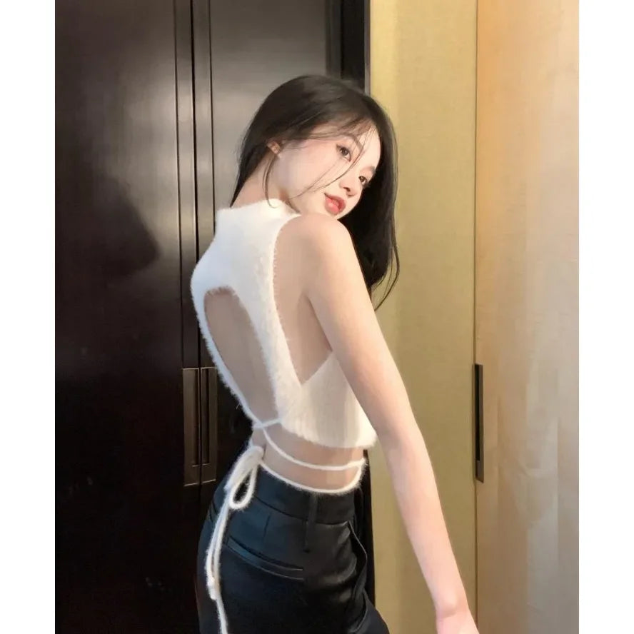 Women Knit Halter Crop Top Furry Lace Up Sleeveless