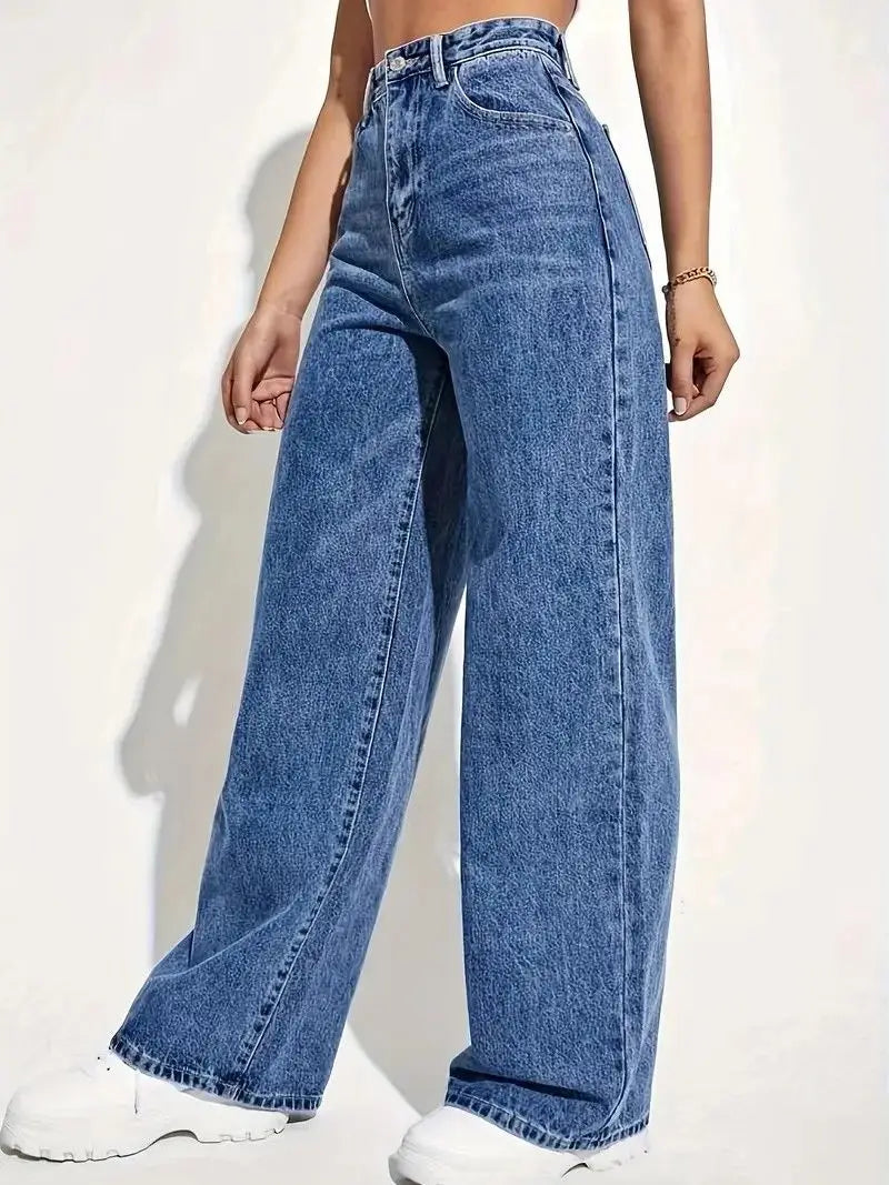 New ForeignWomen's High-Waisted Wide-Leg Jeans - Straight Loose Fit Denim with Elegant Drape Trade