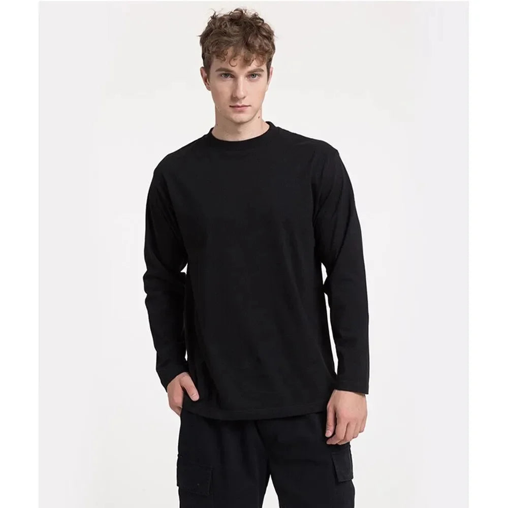 Men’s Long Sleeve Cotton T-Shirt Solid Color Autumn Baggy Streetwear