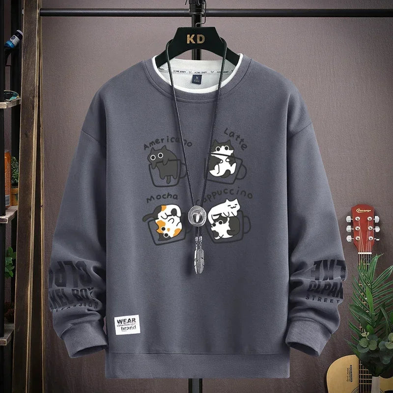 Men's Sweatshirt Streetwear Cat Coffee Printed Long Sleeve T-shirt Fashion Men's Clothing Casual Crew Neck Harajuku Top 2024 New