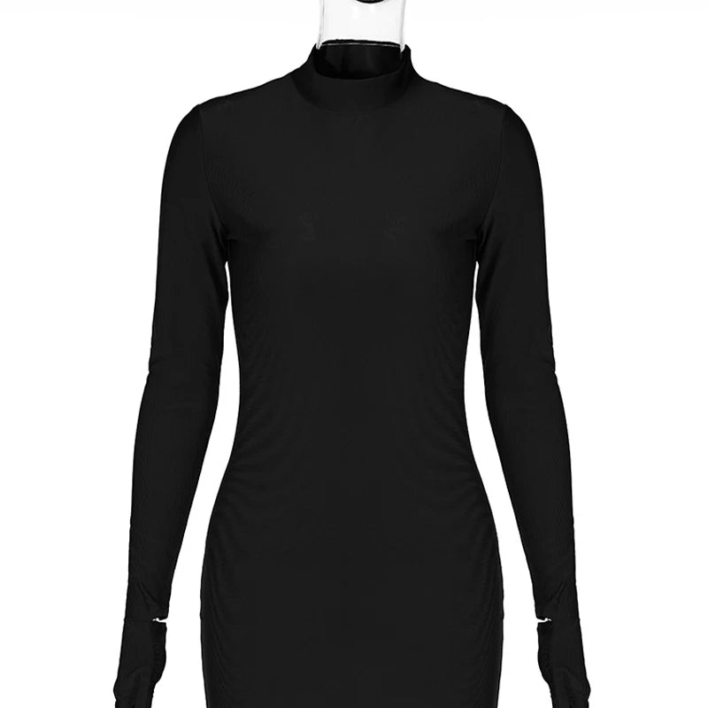 Women’s Solid Long Sleeve Bodycon Mini Dress with Gloves Half Turtleneck Party Y2K