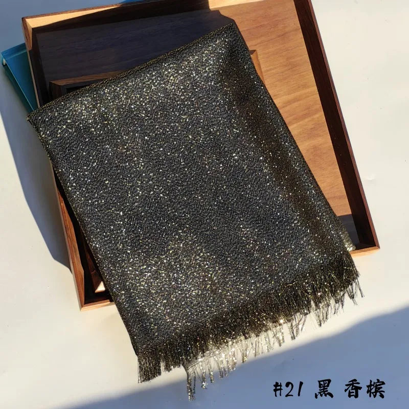 Lastest Brand Design Scarf Shiny Solid Color Shawls Rayon Fabric Gold Silk Silver Wire Head Shawl Fringe Hijab For Women