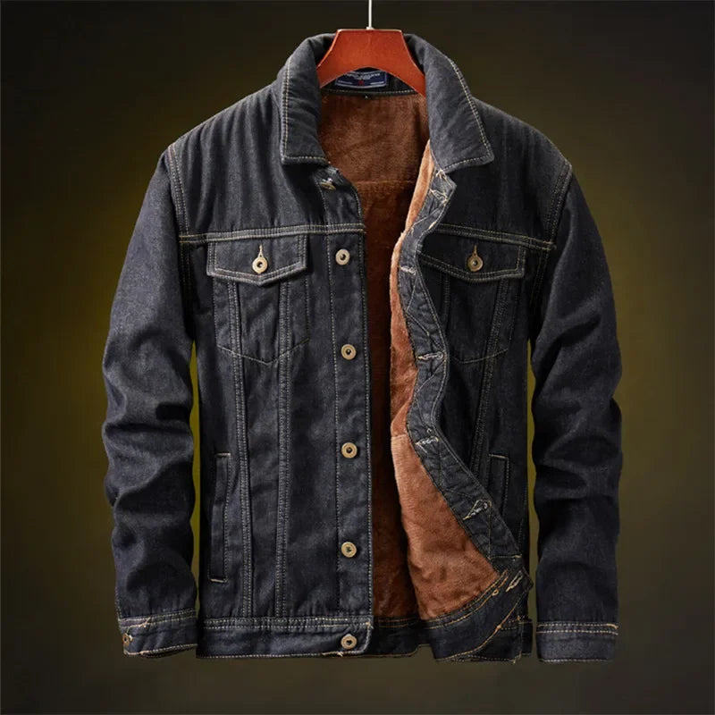 Winter Men Denim Jacket Thick Warm Fleece Lined Casual Cotton Outerwear Coat