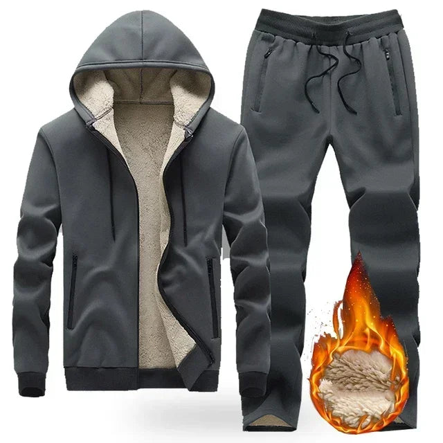 Mens Winter Tech Fleece Tracksuit Set Warm Hooded Sweatshirt and Pants Two Piece