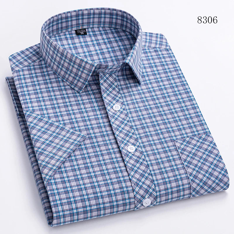 Men's Casual Cotton Plaid Shirt – Short Sleeve Summer Shirt, Elegant Business & Smart Dress Shirt, England Fashion Top