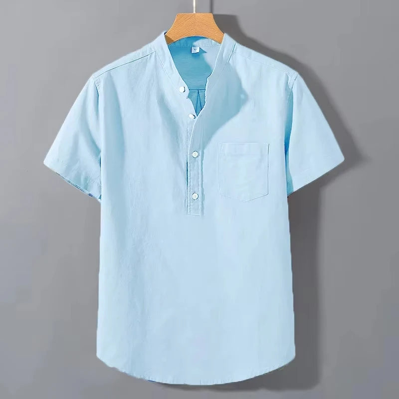 Men’s Short Sleeve Stand Collar T-Shirt Solid Color Loose Fit Summer Cotton Top