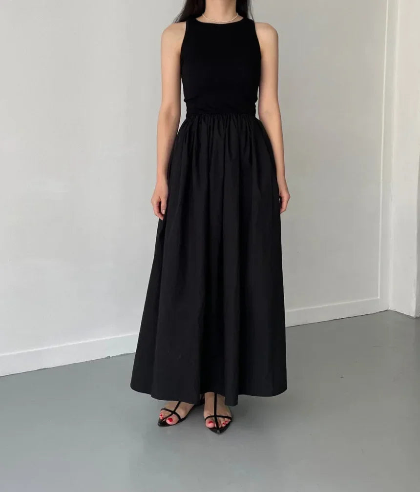 Women Black Long Dress Sleeveless Round Neck Elegant Style