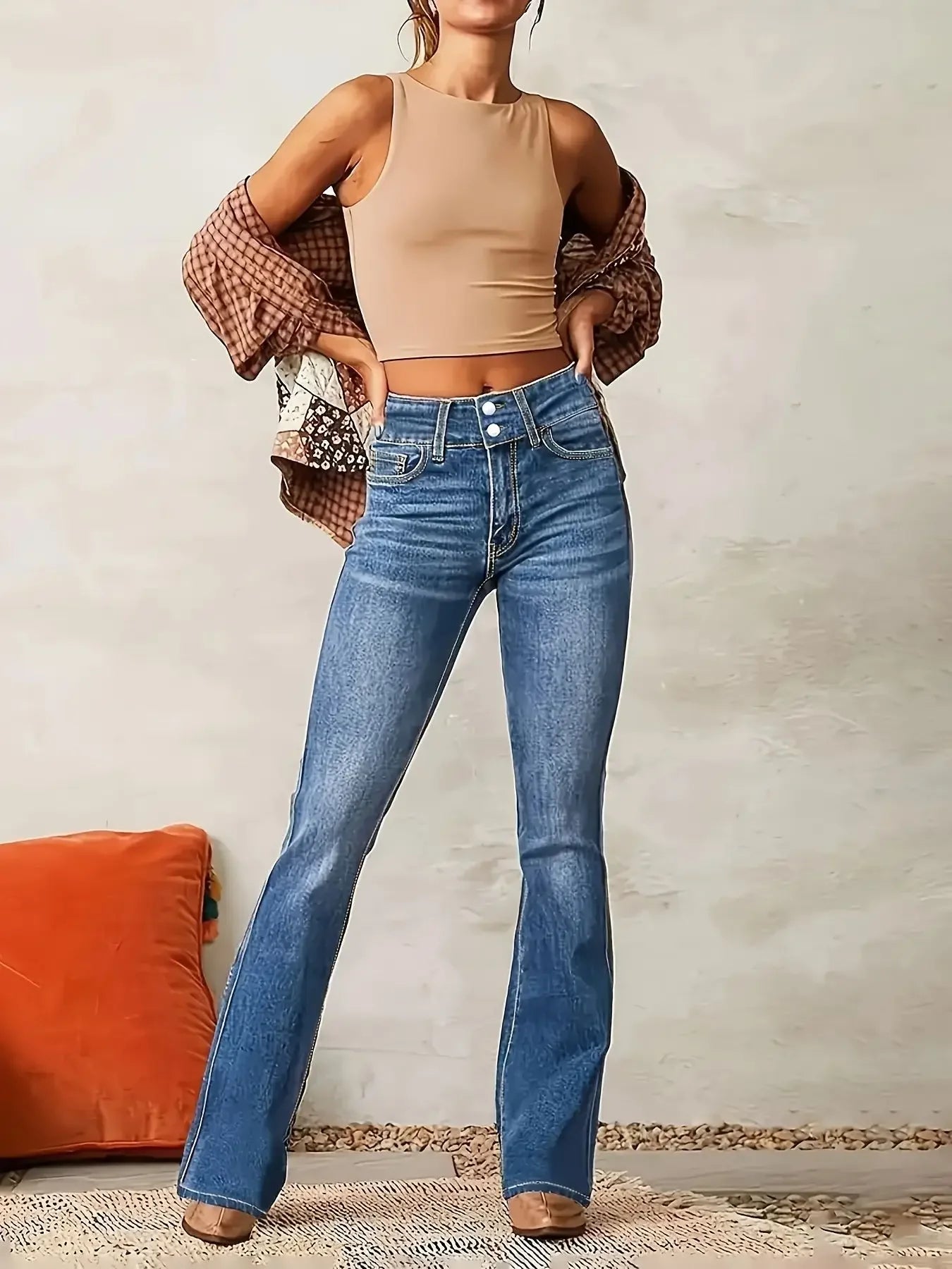 Jeans for Woman Y2k Jeans Blue Stretch Flared Minimalist Vintage Retro High Waist Comfort Daily Wear Fashion Trendy - trendingshoping.com