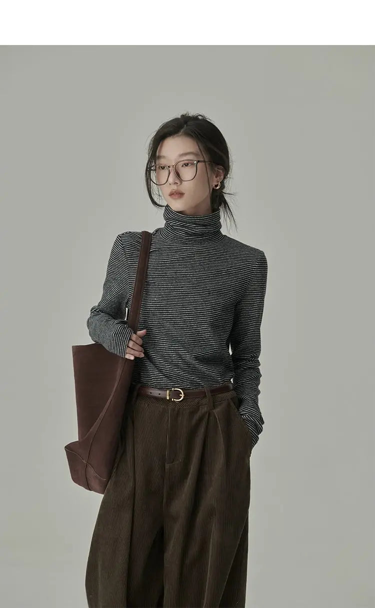Striped T-shirts Women Spring Cozy Long Sleeved All-match Daily Elegant Classic Turtleneck Tops Hot Sales Korean Style Clothing