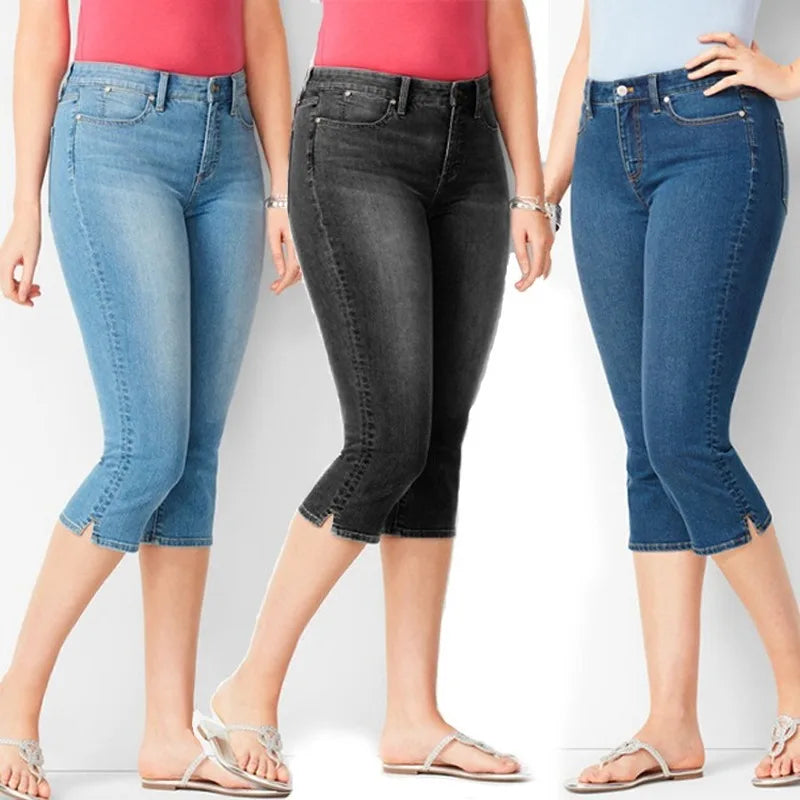 Womens Jeans Black Denim Pants Ladies Cropped Skinny Knee Length Elastic High Waist Mom Oversize