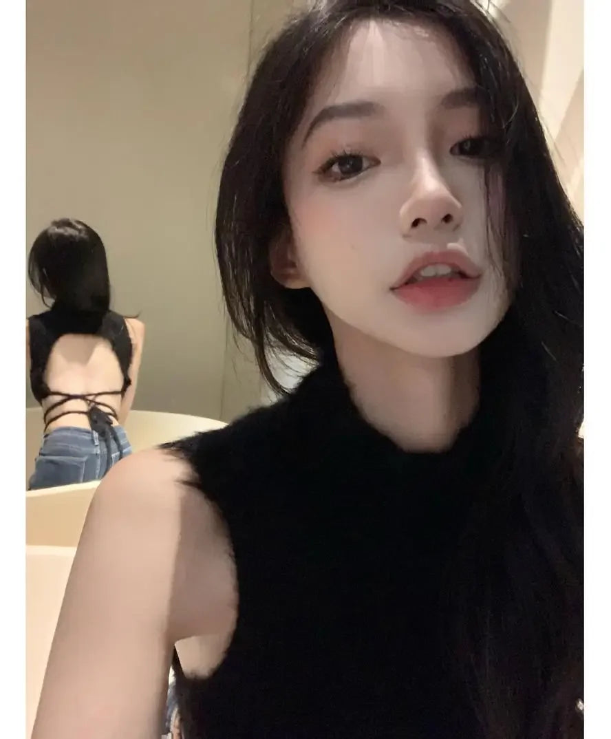 Women Knit Halter Crop Top Furry Lace Up Sleeveless