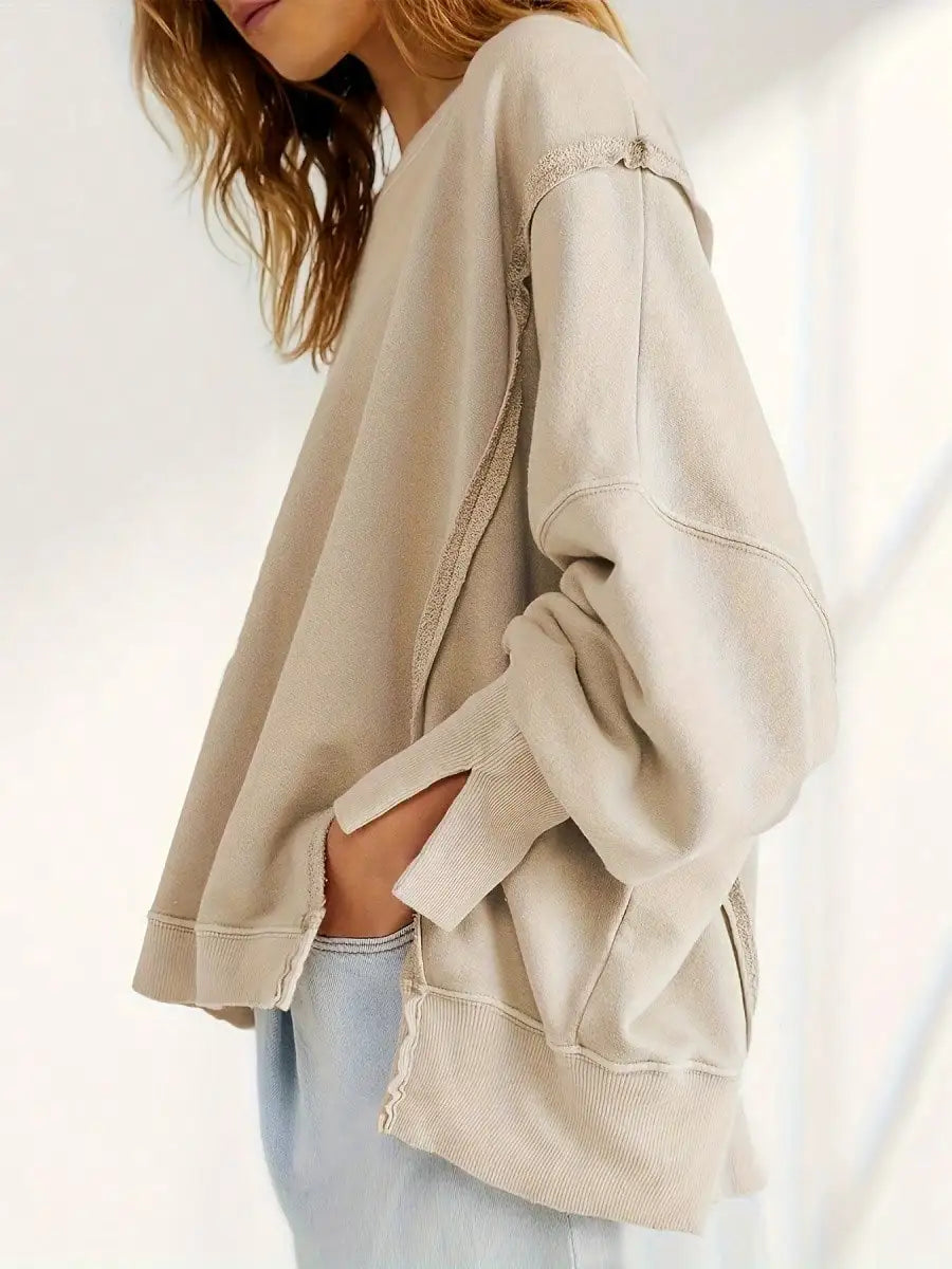 Women Spring Autumn Long Sleeve Loose Tops Crew Neck Striped Side Slits Shirt Casual Pullover Sweatshirt Tops