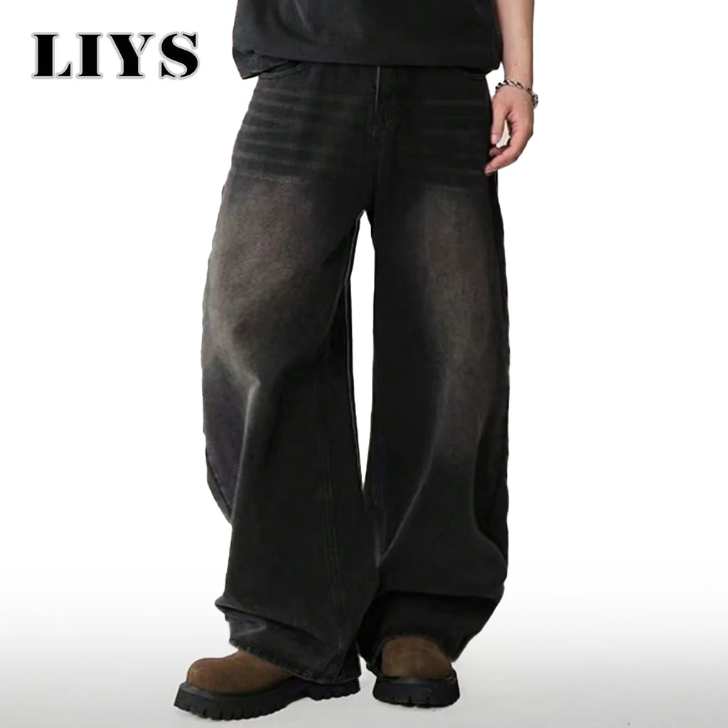 Mens Straight Loose Wide Leg Baggy Jeans Black Gray Blue Casual Pants