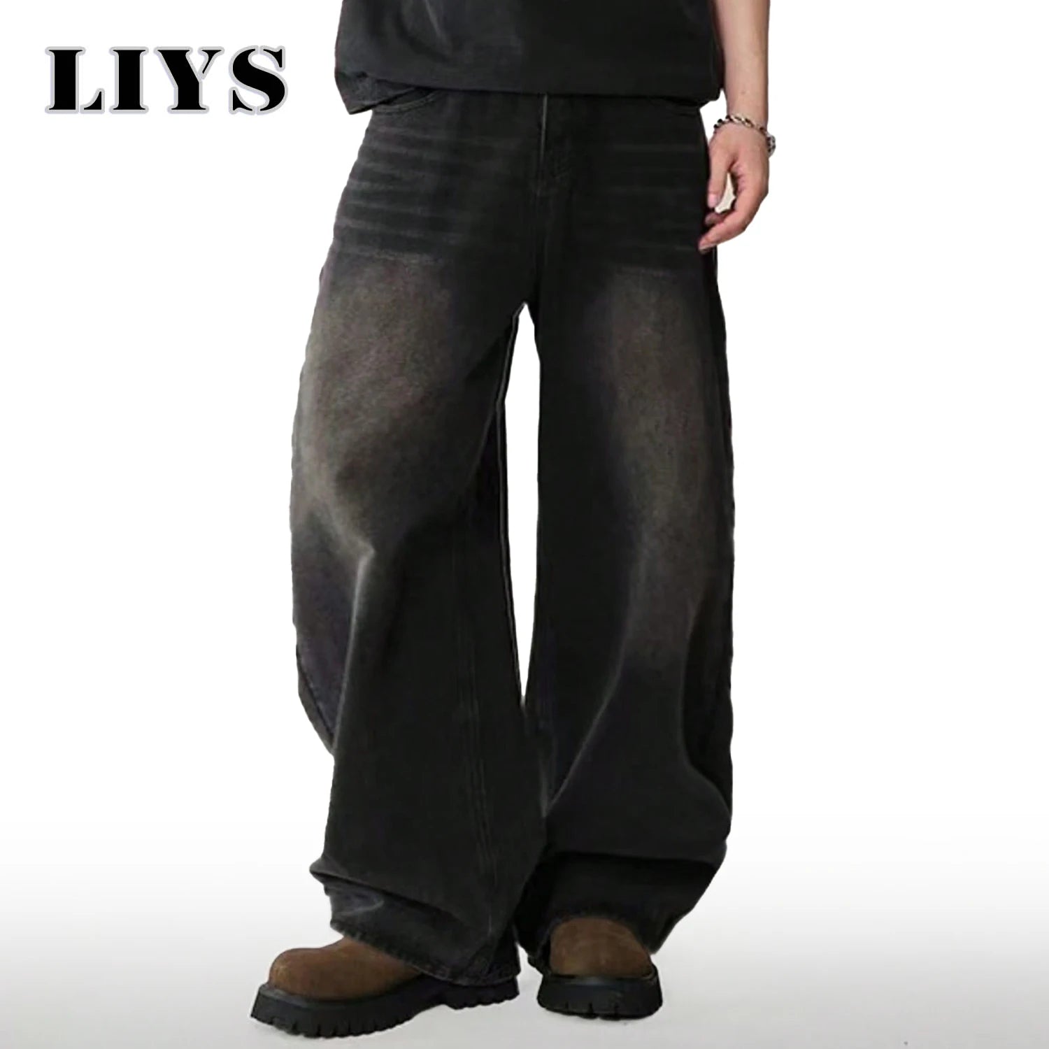 Mens Straight Loose Wide Leg Baggy Jeans Black Gray Blue Casual Pants