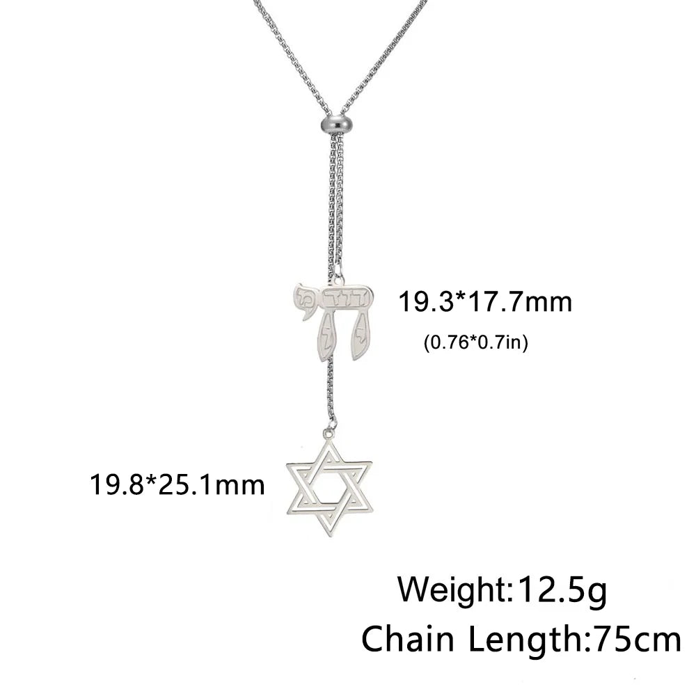 Dawapara Star of David and Jewish Hebrew Chai Pendant Long Necklace Sweater Chain Hexagram Judaism Stainless Steel Jewelry