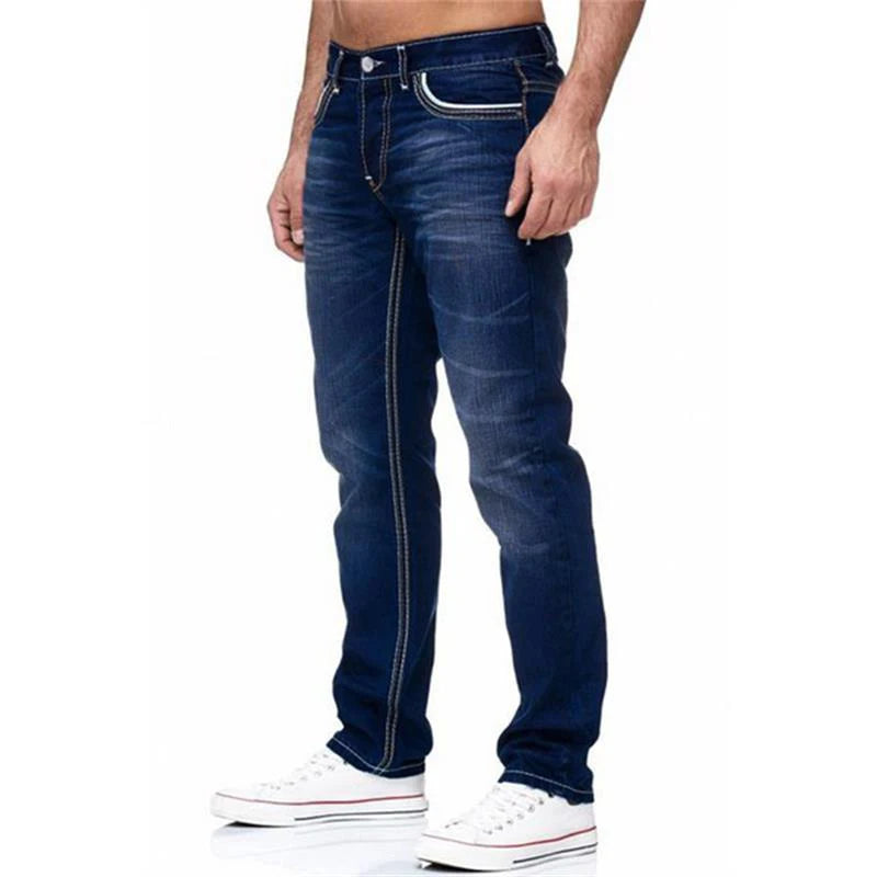 Men's Straight Leg Loose Jeans - Washed Denim Streetwear Trousers, Blue