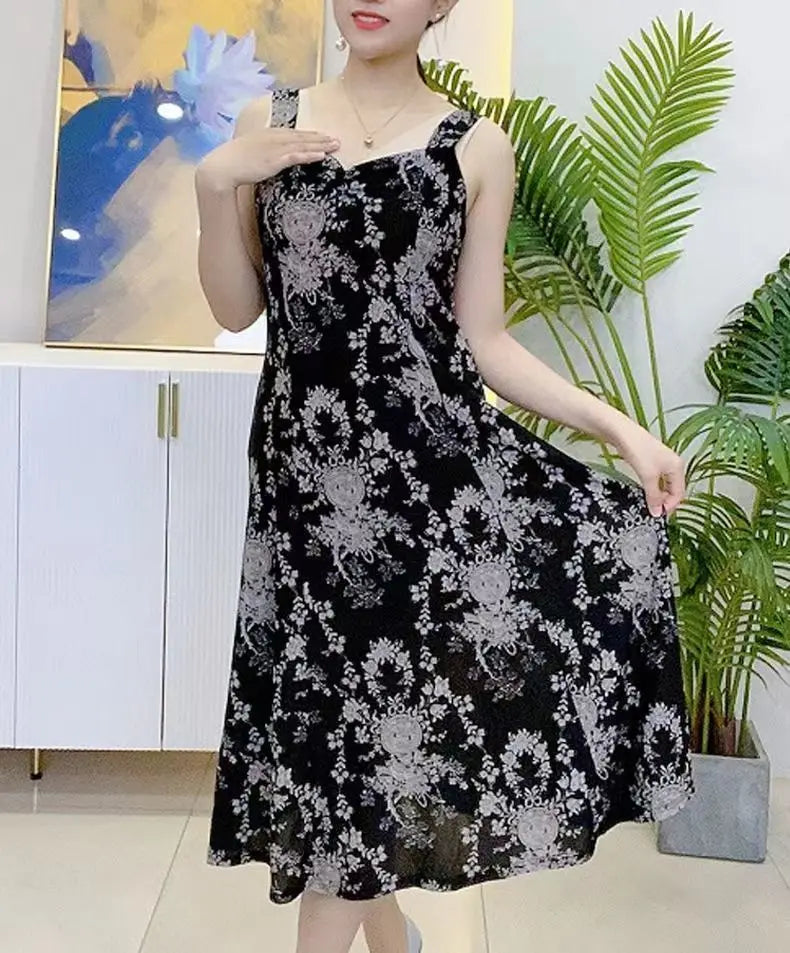 Women’s Vintage Floral V-Neck Slip Midi Dress – Summer Casual A-Line Waist Elegant Fashion