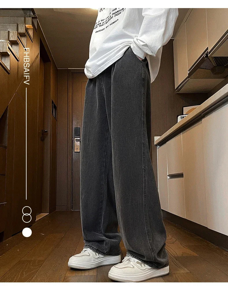 Mens Black Gray Loose Straight Wide Leg Jeans Casual Pantslue