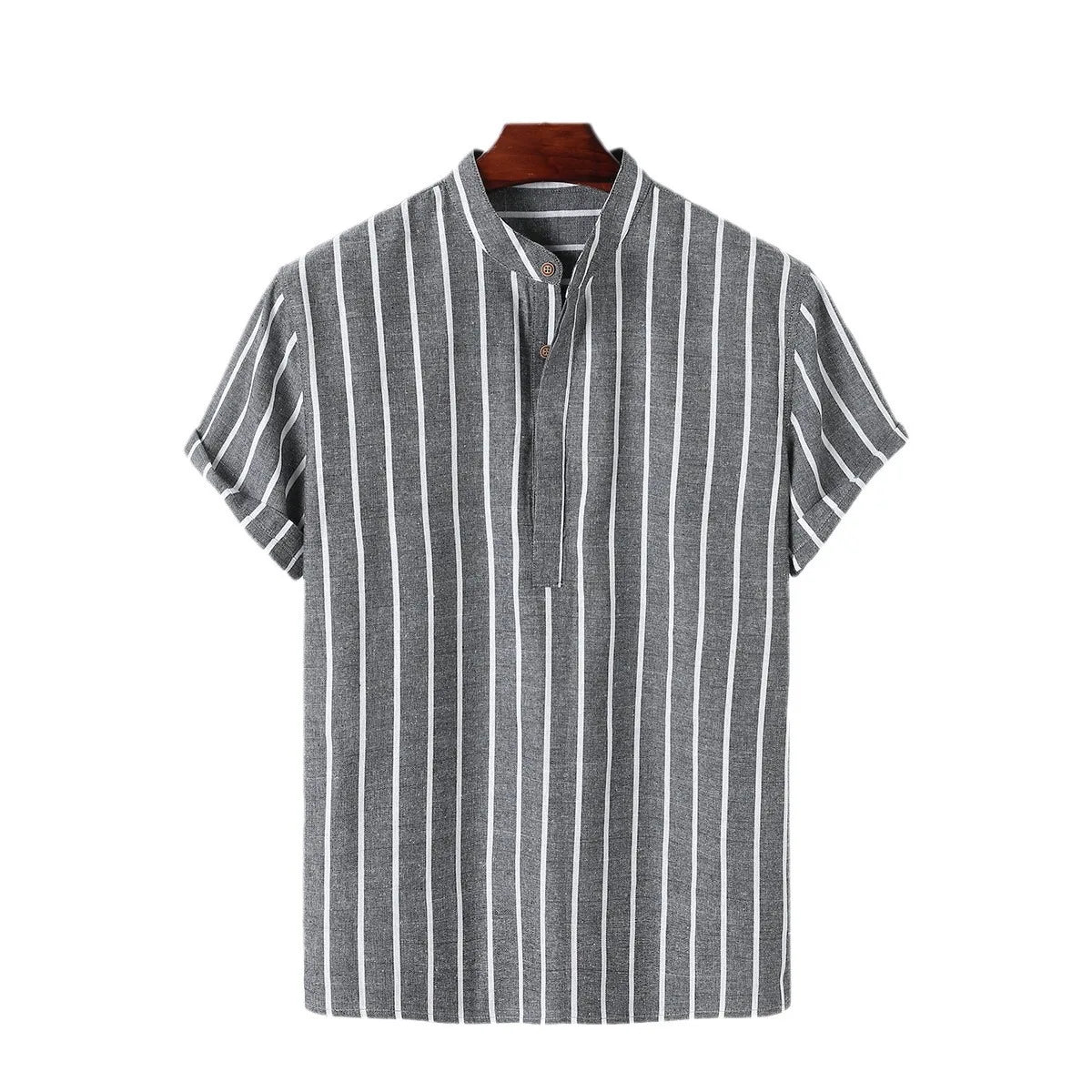 Men's Striped Linen Short Sleeve Shirt - Casual Stand-Up Collar Summer Top