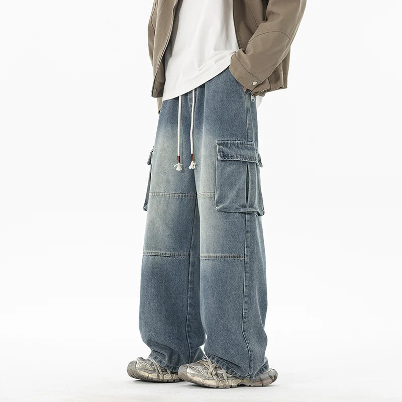 Men's Raw Denim Wide-Leg Jeans - Loose Fit High