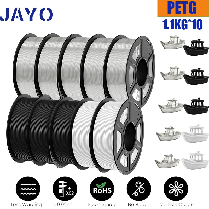 JAYO petg Filament 3d PETG 1.75mm 10Rolls Neatly Wound Toughness no bubbles 3D Printer Filament for FDM Muticolor 1.1KG /roll - trendingshoping.com