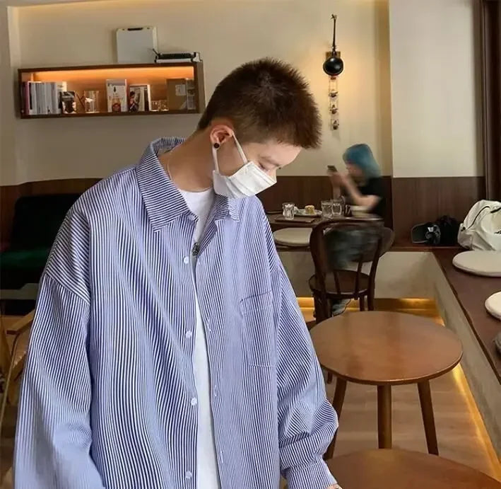 Men's Long Sleeve Oxford Cloth Shirt - Casual Striped Workwear Jacket Style