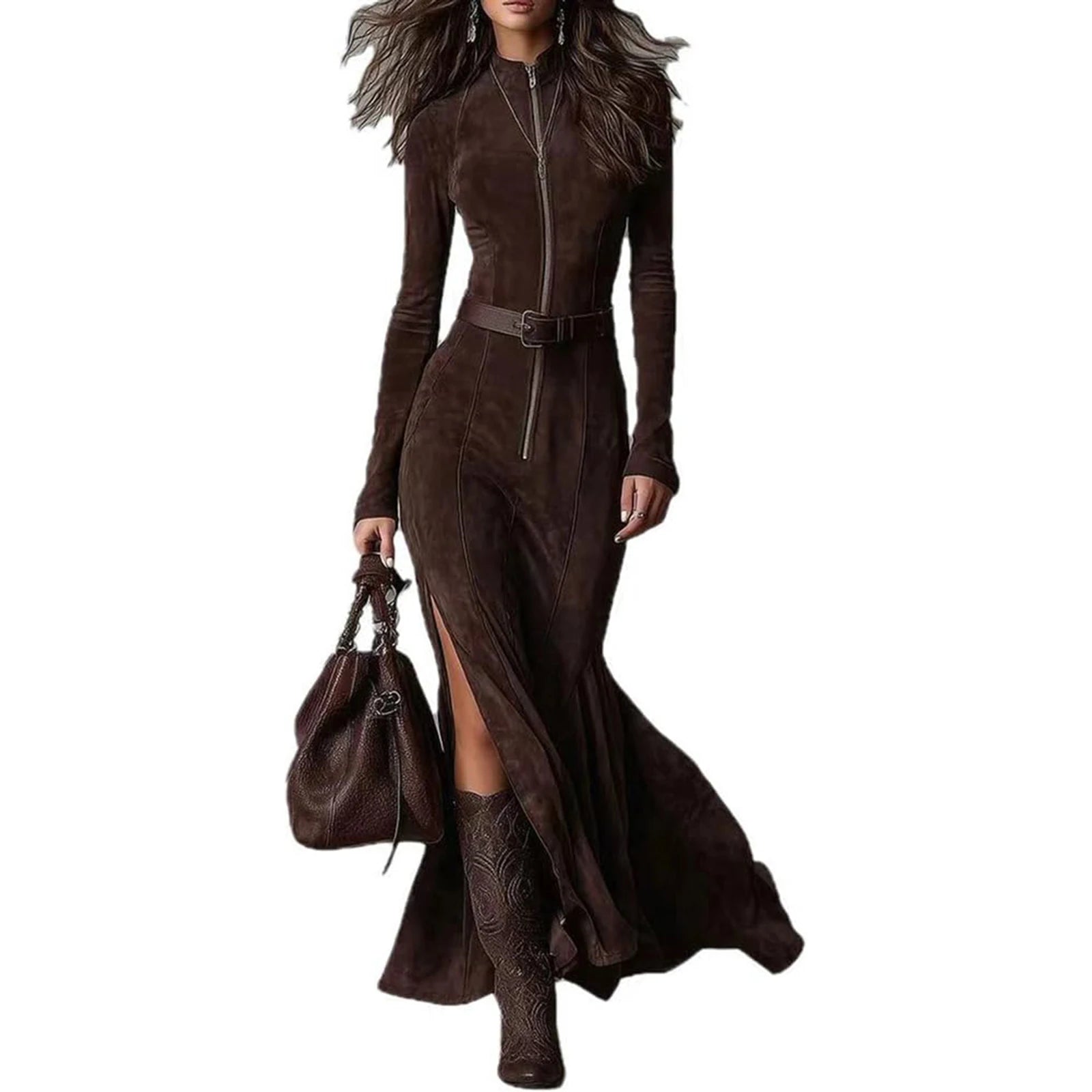 Women's Ruched Wrap Maxi Shirt Dress - Long Sleeve High Slit Ruffle Hem