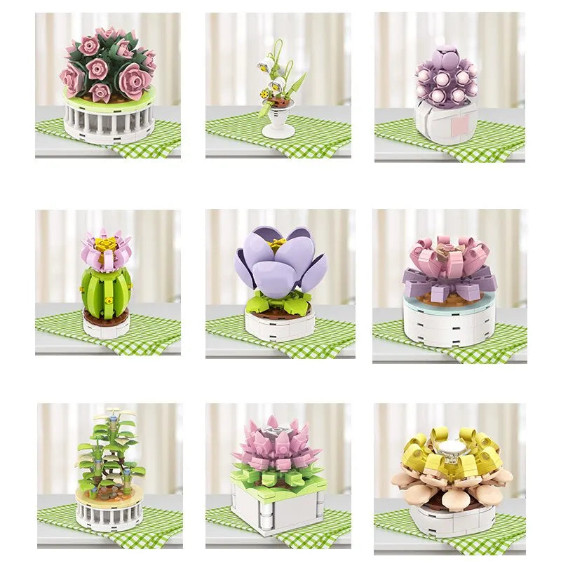 Bouquet Moc Block Flower Succulents Bonsai Potted Building Blocks Romantic Kit Assembly Bricks Toys For Kids Girl Christmas Gift - trendingshoping.com
