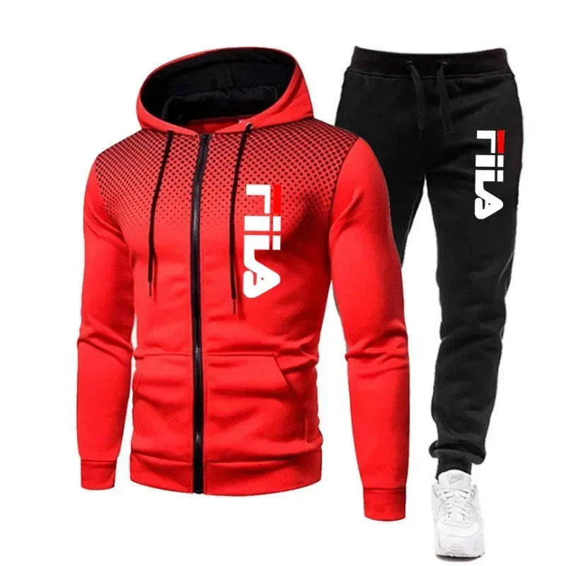 FILA Men's Autumn Winter Sports Hoodie & Jogging Pants Set – Casual Fitness Sweatshirt, Zipper Hoodie + 2 Stretch Pants