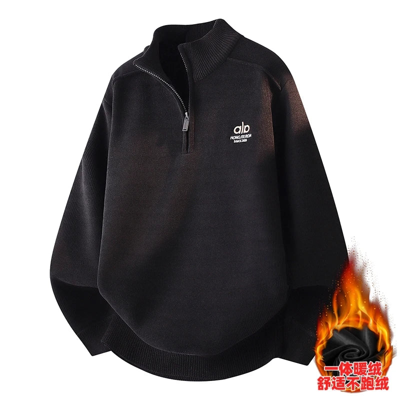 Half Zip Fleece Hoodie for Men – 2025 Winter Warm Embroidered Thick Sweater