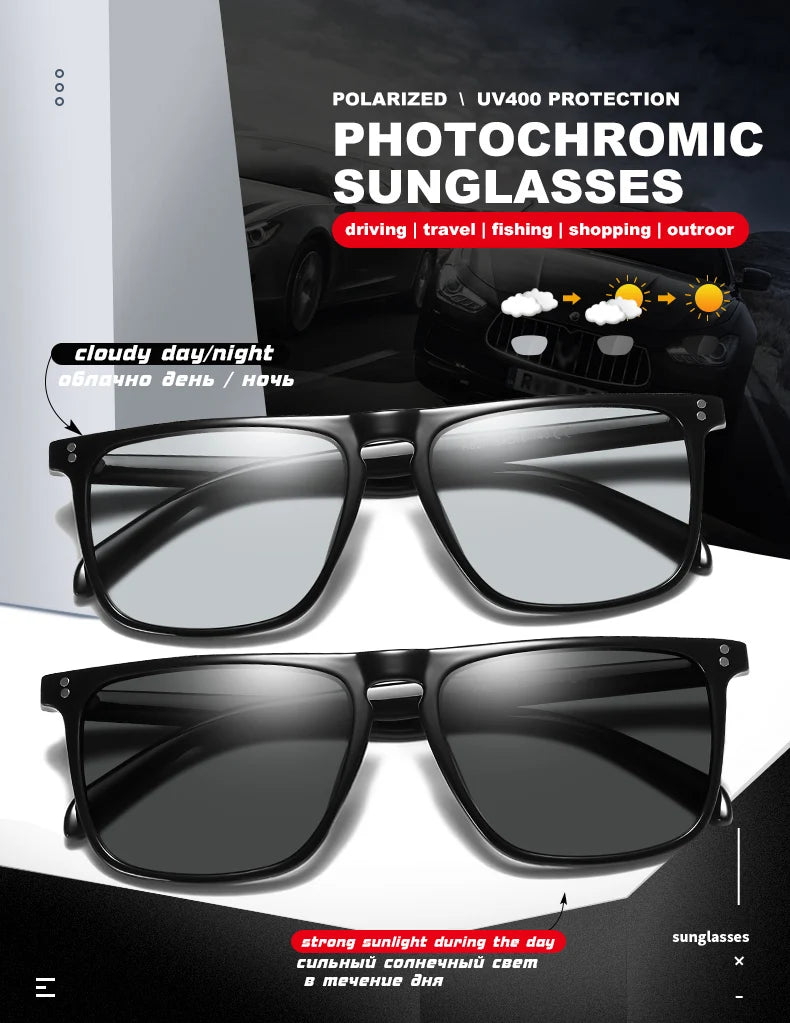 Rivet Square Photochromic Sunglasses Polarized Driving Glasses Men Women