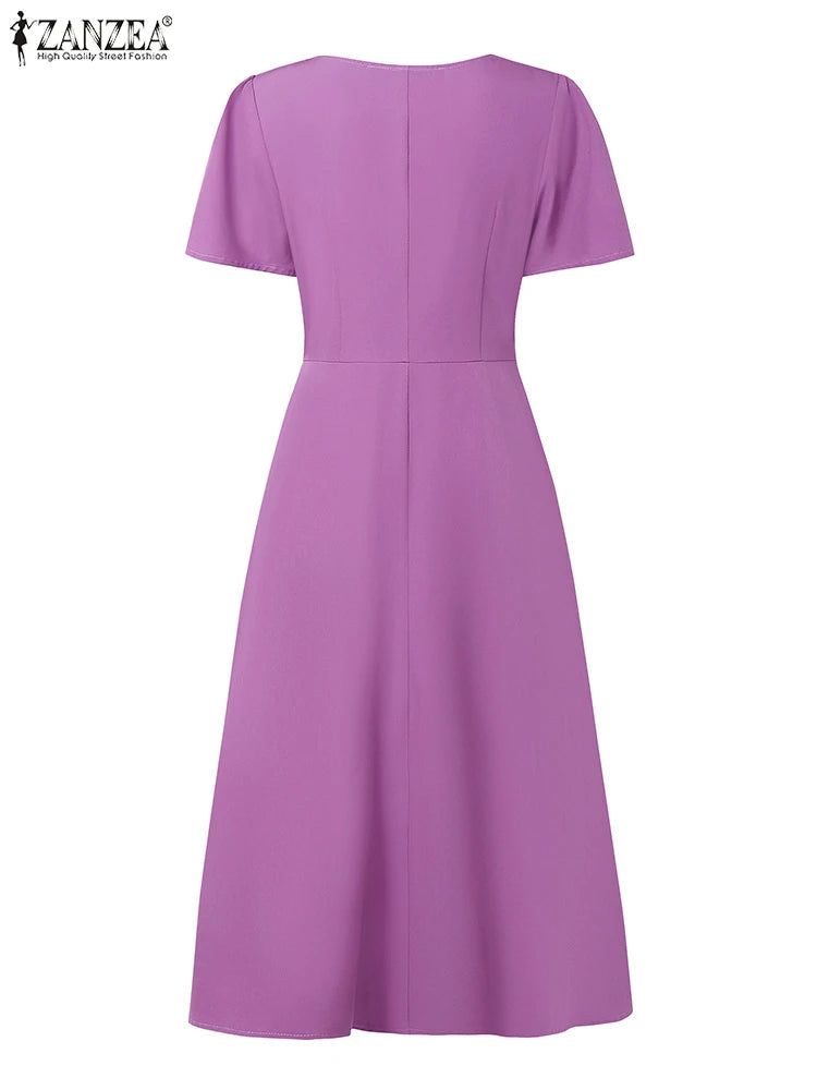 Elegant V Neck Office Work Dresses ZANZEA Women 2025 Summer Dress Solid Pleated Sundress Short Sleeve A Line Party Vestidos Robe