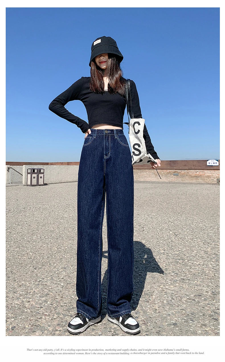 Jielur Dark Blue High Waist Washed Straight Wide Leg Womens Jeans Solid Color