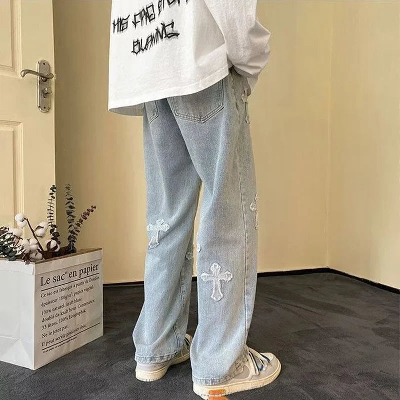 Mens Straight Loose Denim Jeans Cross Embroidery Black Blue Casual Pants