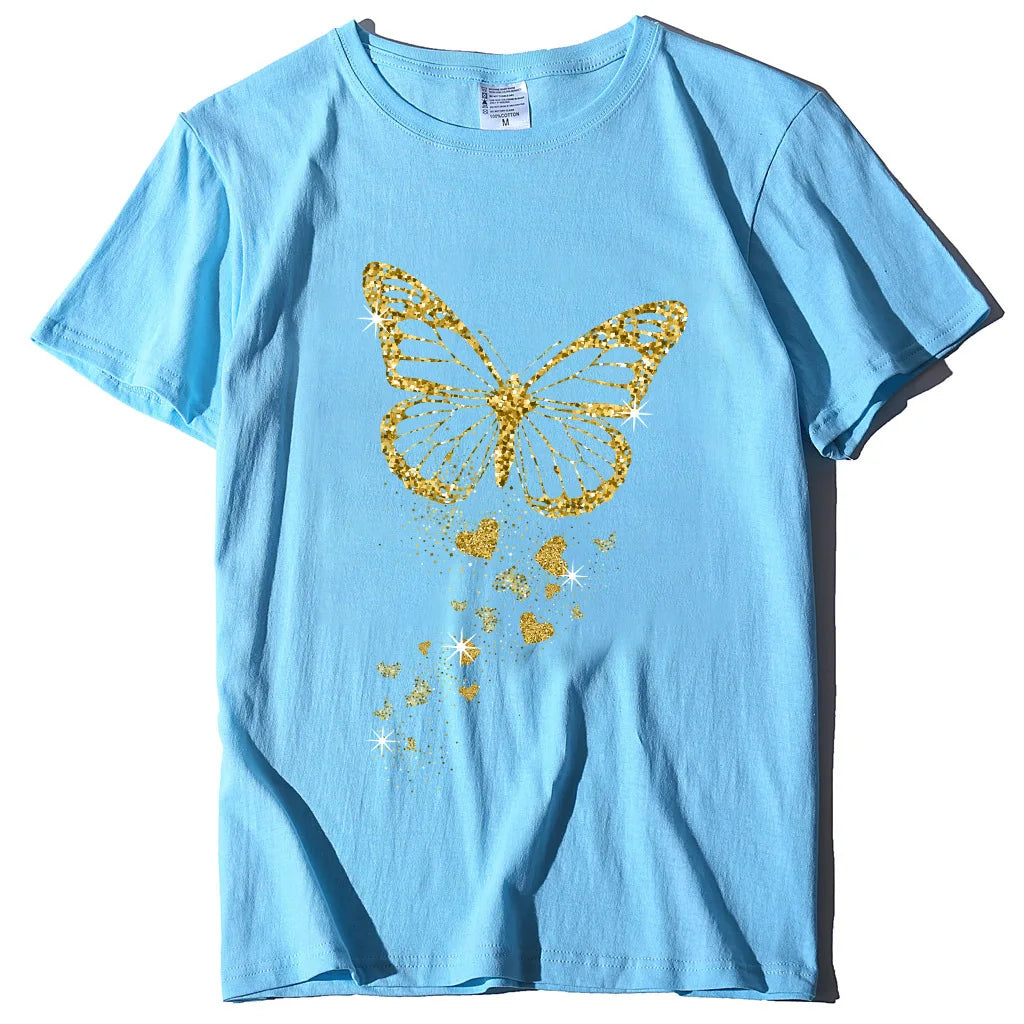 Golden Butterfly Print Women’s Casual T Shirt Short Sleeve O Neck Top