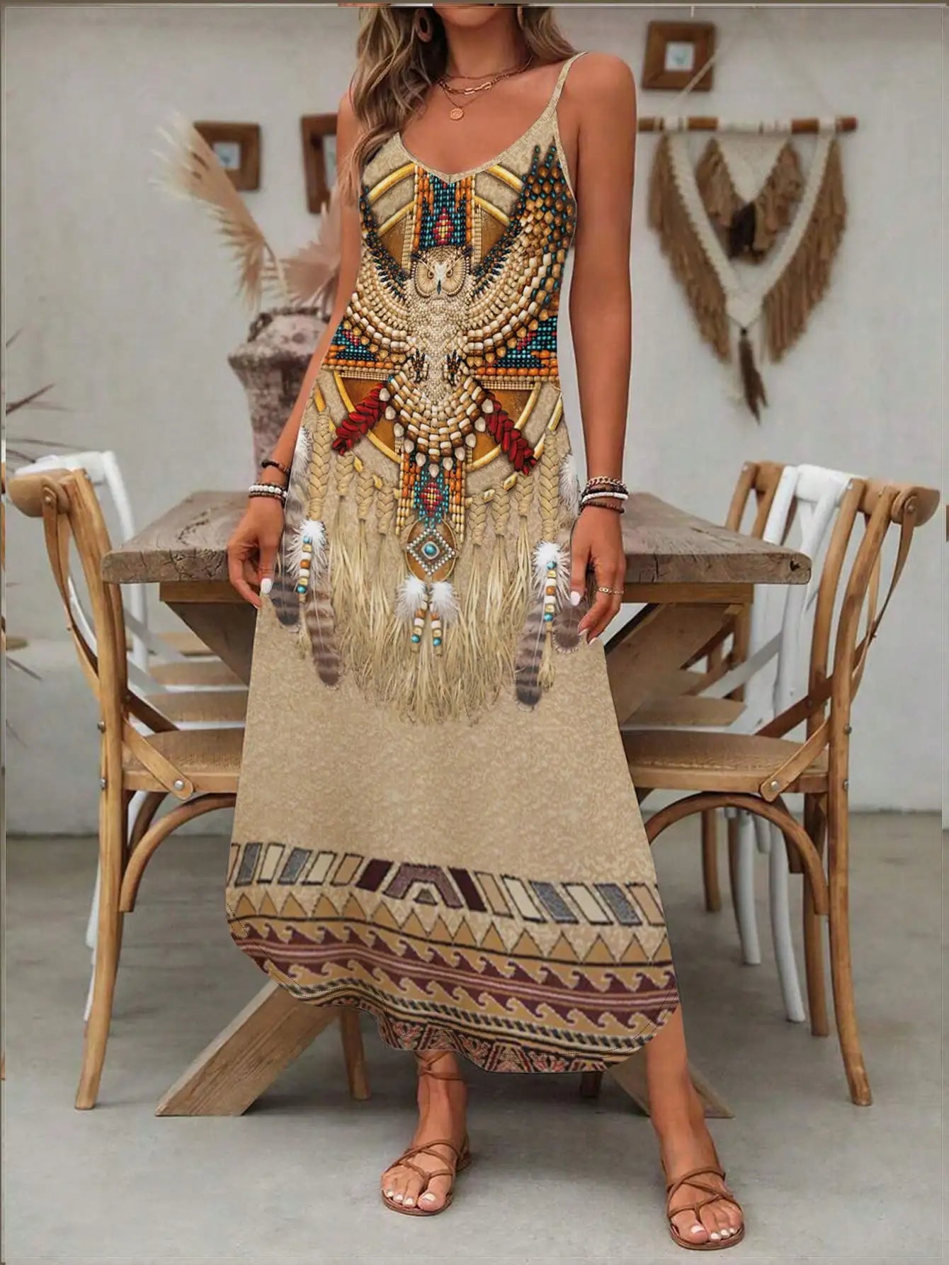 Women's Fashion Western Ethnic Print Casual Suspender Dress