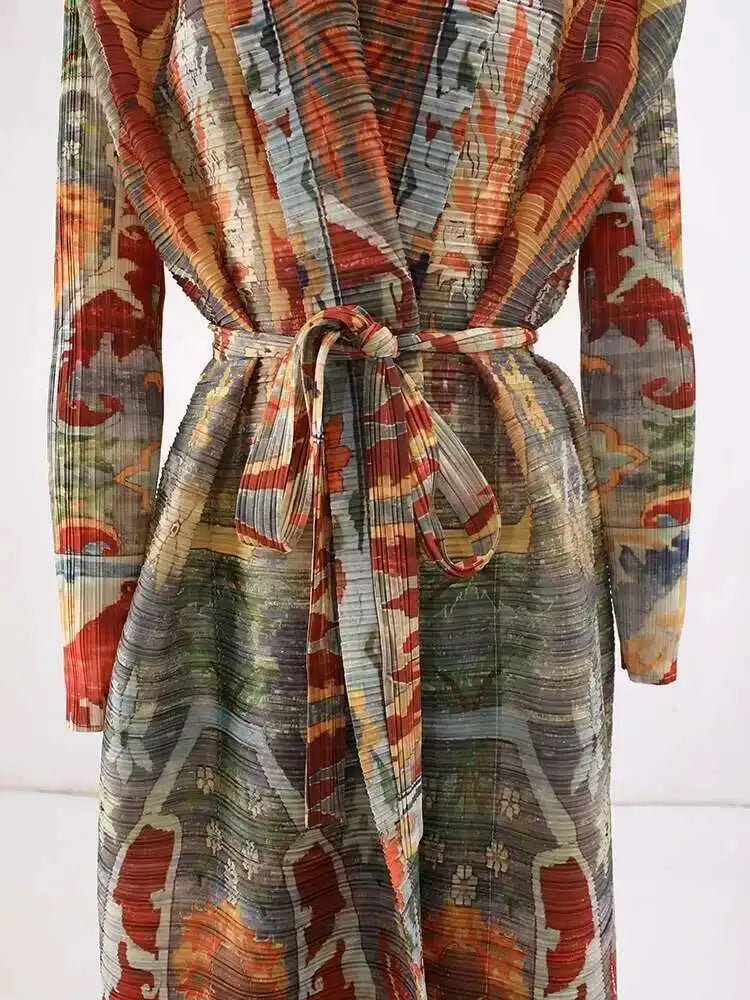 LANMREM Fashion Designer Print Pleated Windbreaker Women Scraf Collar Belt Gathered Waist Contrast Color 2024 New Coat 32C1261 - trendingshoping.com