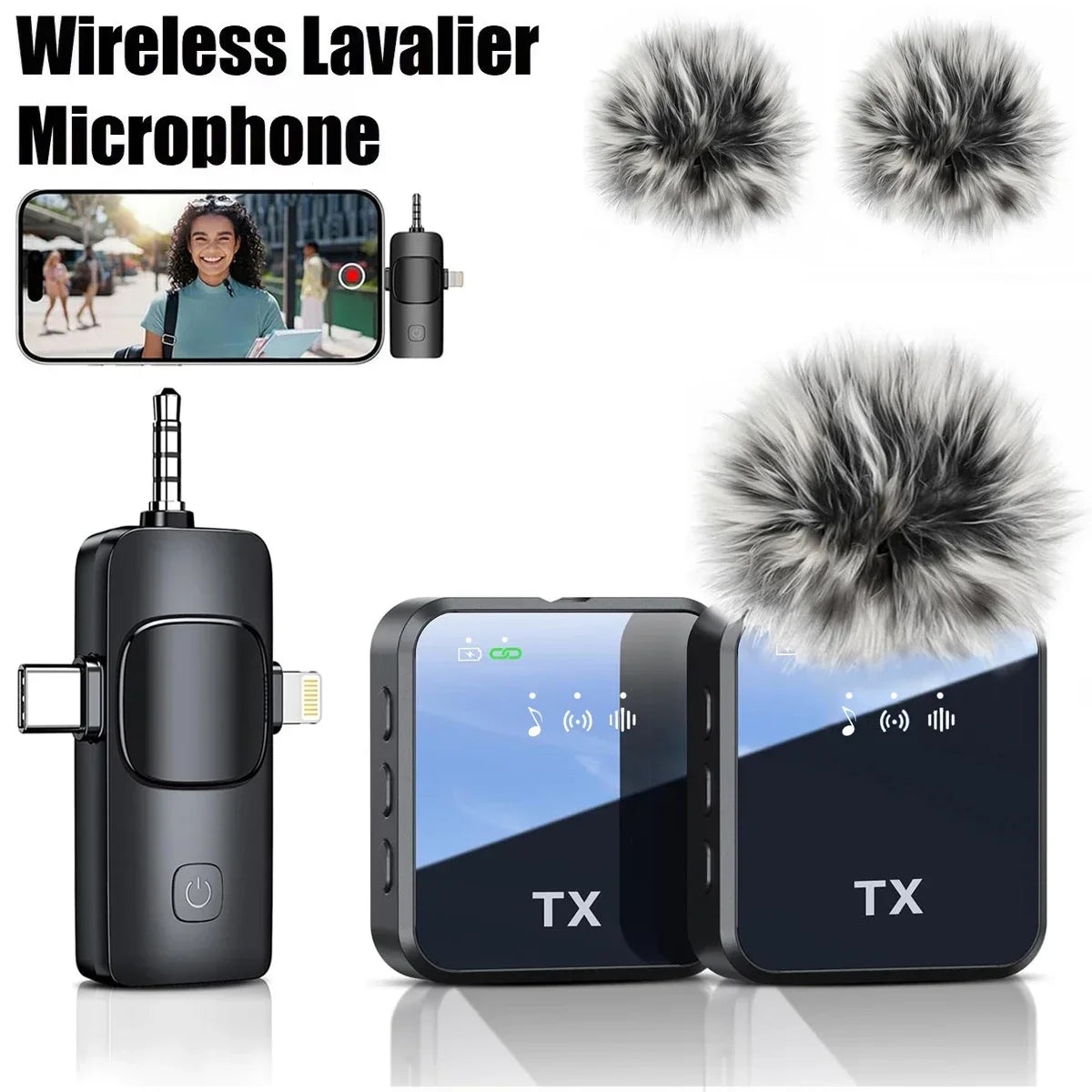 Wireless lavalier microphone for iPhone, camera, Android, reverb video recording, podcast noise reduction clip on microphone