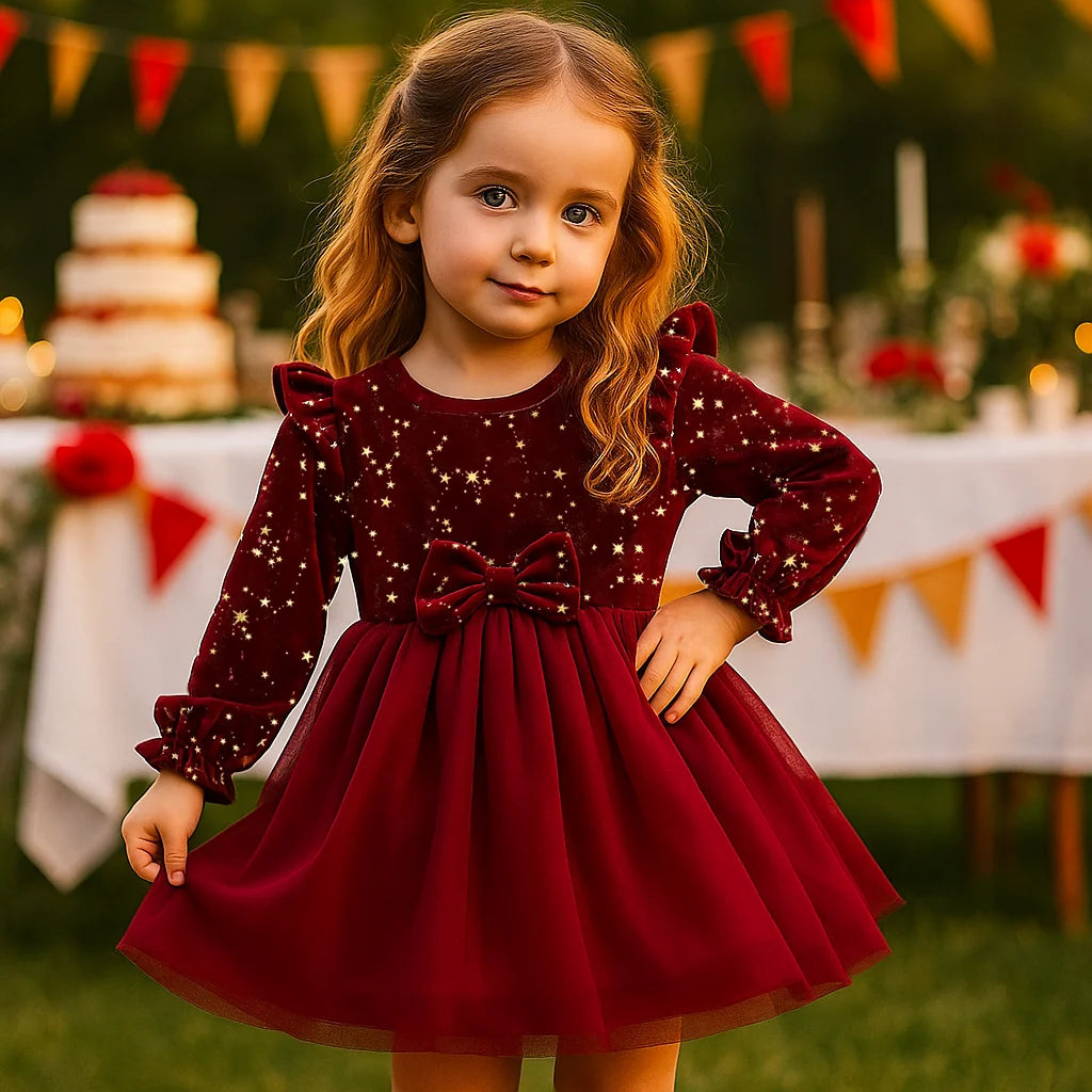 Girls Autumn Winter Velvet Long Sleeve Princess Dress With Mesh Bow Party Festive Wear