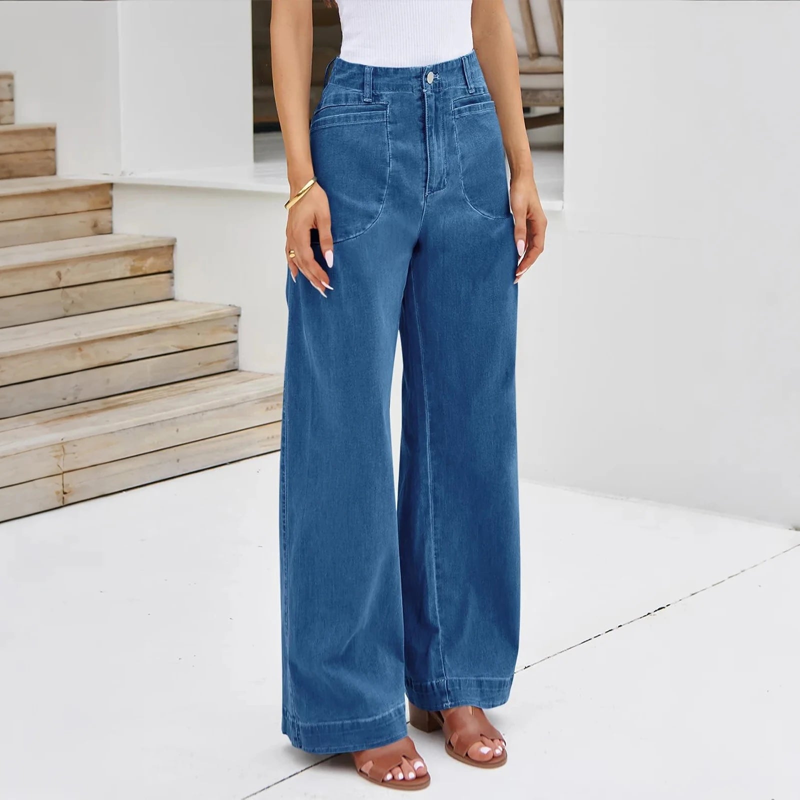 Womens High Waist Spring Wide Leg Straight Jeans Retro Style