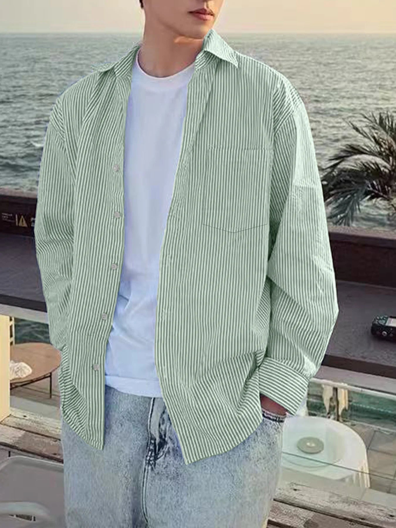 Men's Striped Shirt for Spring and Autumn, Trendy and Versatile, Niche Design, Vintage Long-Sleeve Striped Shirt