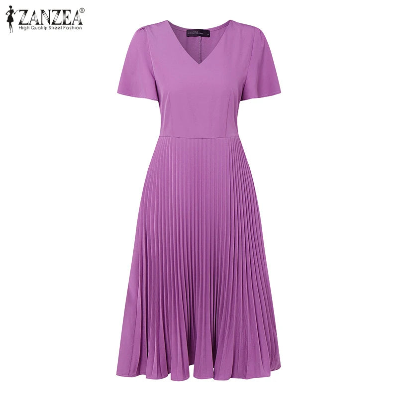 Elegant V Neck Office Work Dresses ZANZEA Women 2025 Summer Dress Solid Pleated Sundress Short Sleeve A Line Party Vestidos Robe