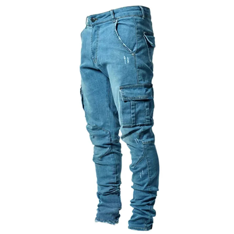 Men's Plus Size Cargo Jeans - Solid Color Multi-Pocket Denim Pants