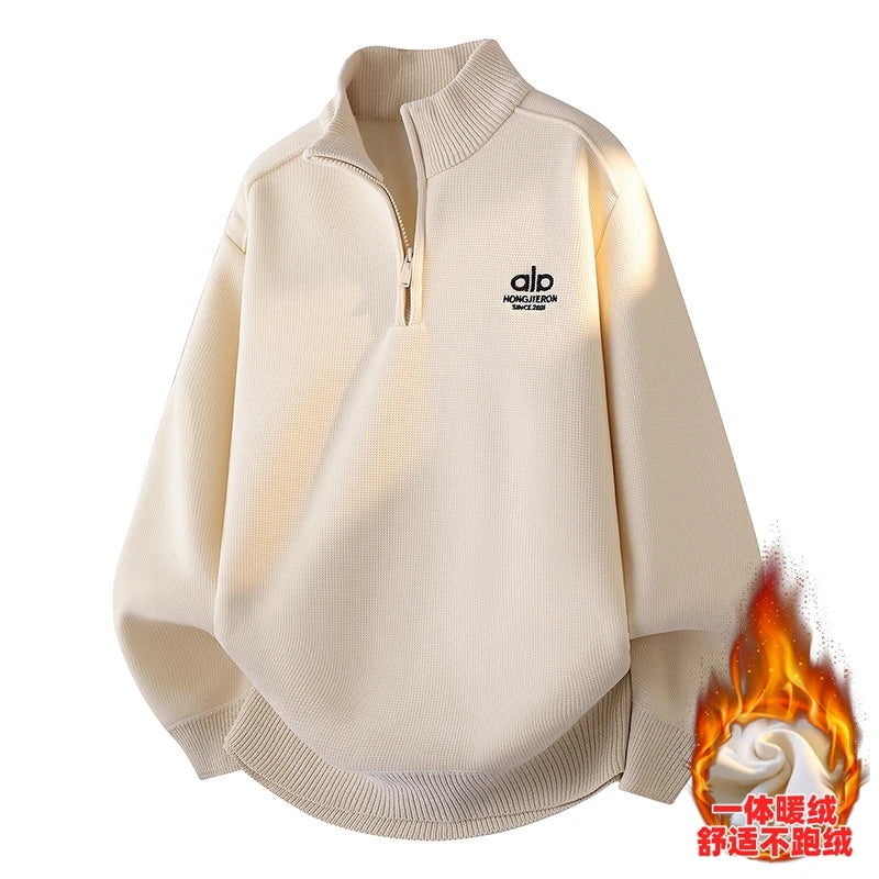 Half Zip Fleece Hoodie for Men – 2025 Winter Warm Embroidered Thick Sweater
