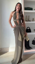 Women’s Sequin Halter Neck Sleeveless Backless Evening Maxi Dress