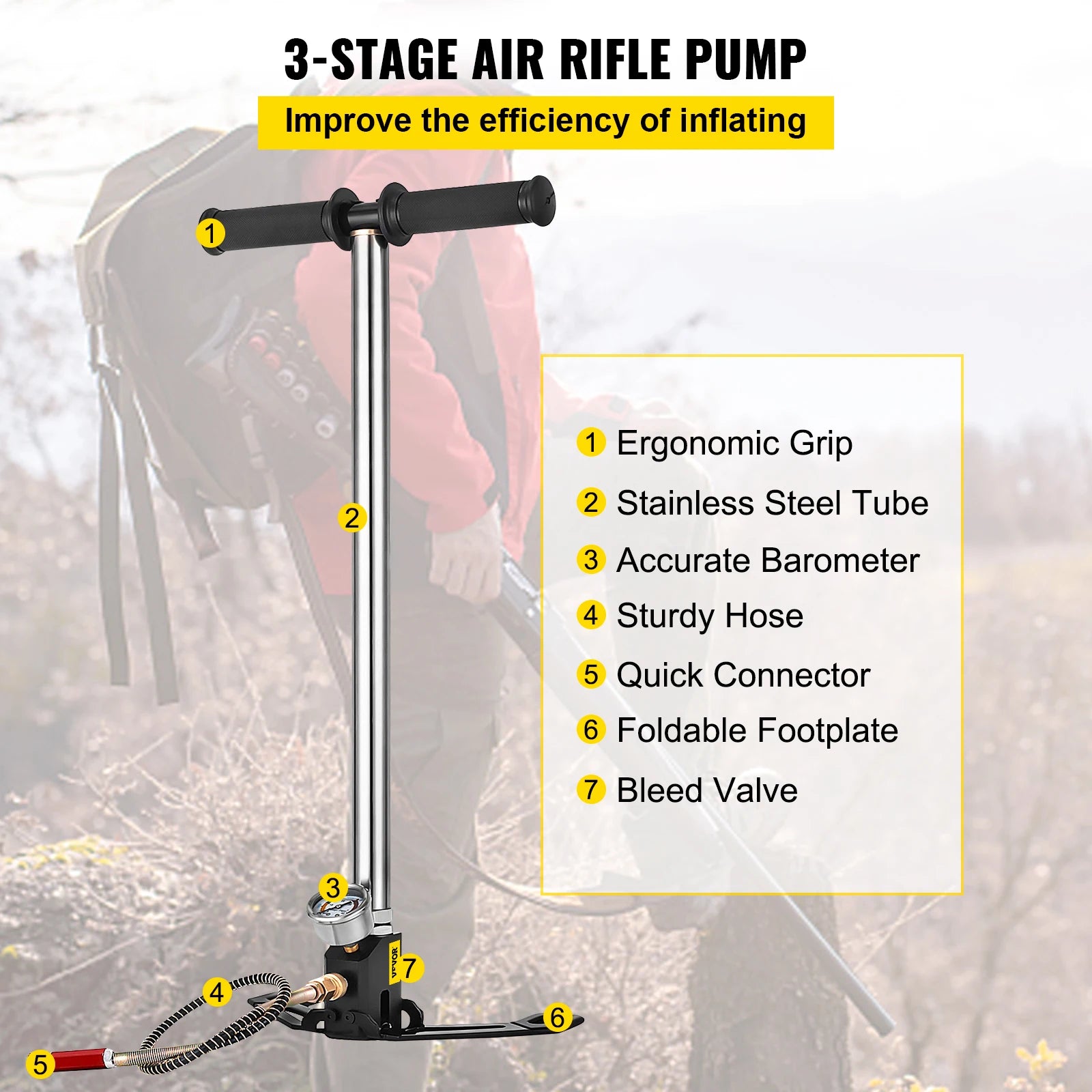 VEVOR 3 Stage PCP Pump + Pressure Gauge 4500PSI Tire Kayak Ball Inflatable Air Gun Filling Stirrup High Pressure Hand Pump - trendingshoping.com