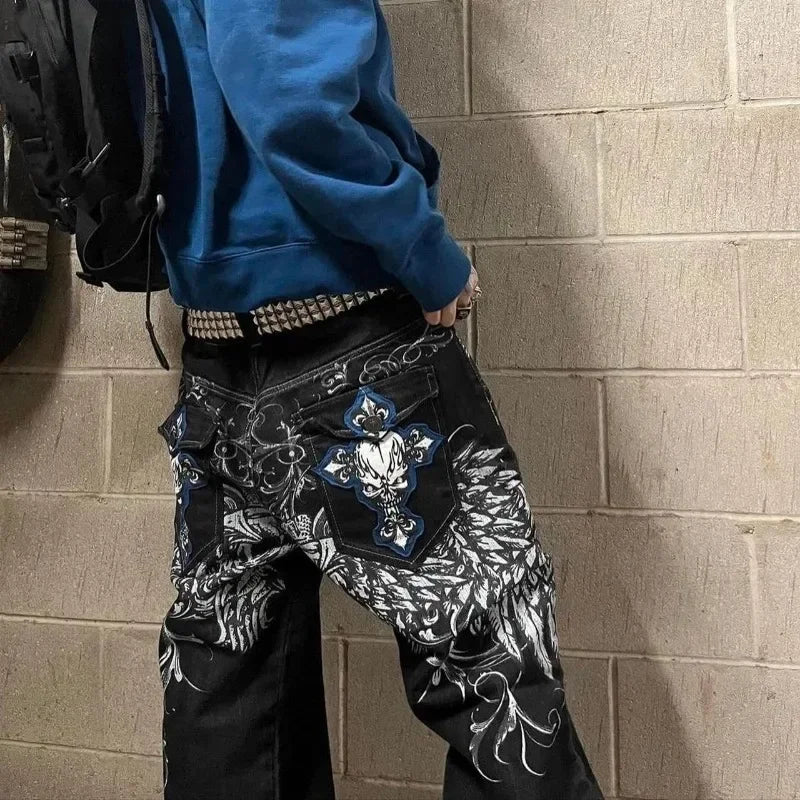 Mens Embroidered Hip Hop Wide Leg Y2K Mid Waist Gothic Retro Fashion Trousers